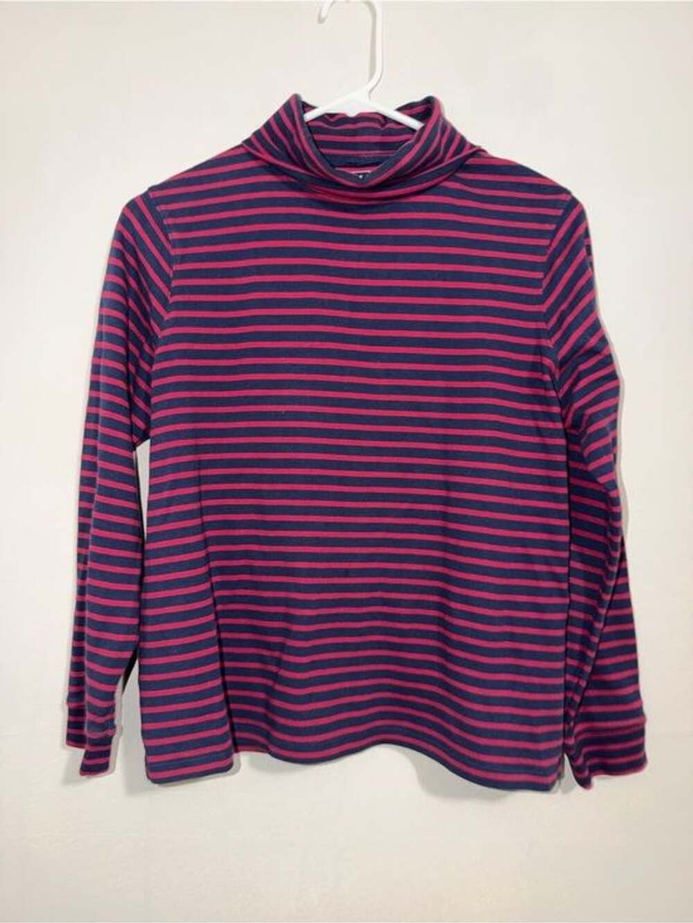 L.L. Bean Navy and Pink Striped Mock Neck Long Sleeve